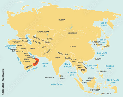 Highlighted map of OMAN inside detailed blank flat political map of the Asian continent on isolated background