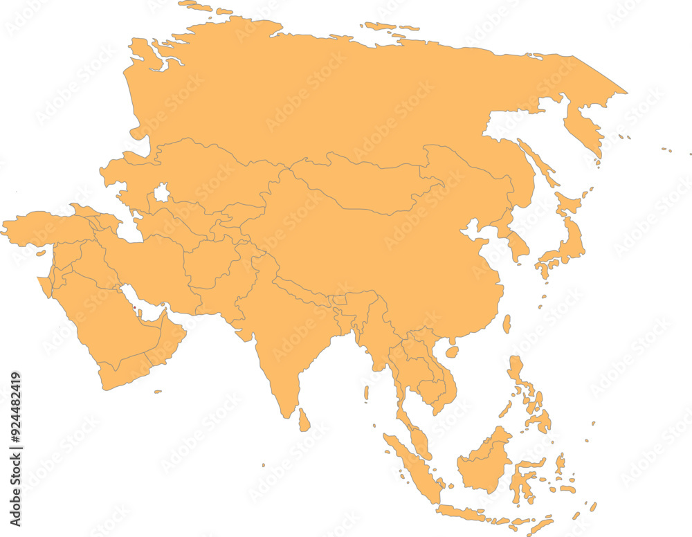 Highlighted map of BAHRAIN inside detailed blank flat political map of the Asian continent on isolated background Highlighted map of BAHRAIN inside detailed blank flat political map of the Asian continent on isolated background