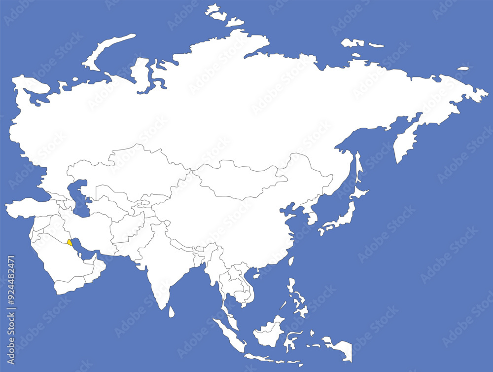 Highlighted map of KUWAIT inside detailed blank flat political map of the Asian continent on isolated background Highlighted map of KUWAIT inside detailed blank flat political map of the Asian continent on isolated background