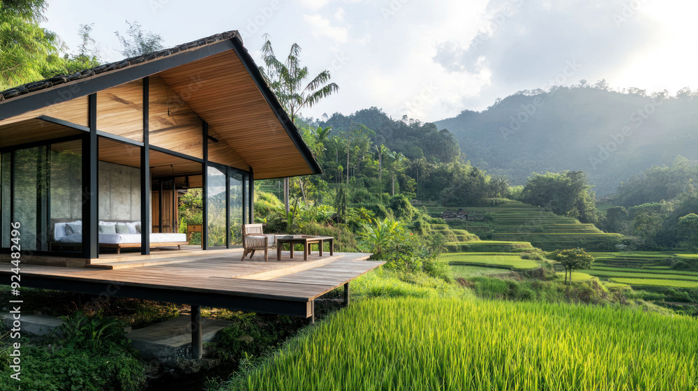 Secluded modern cabin with outdoor bench by rice field, nature living Secluded modern cabin with outdoor bench by rice field, nature living