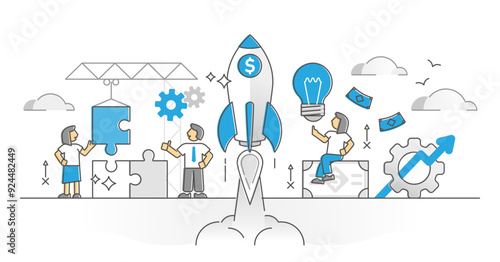 Startup project launch with innovative business idea monocolor outline concept, transparent background. Company teamwork scene.