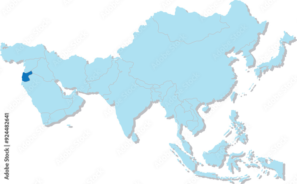 Fototapeta premium Highlighted map of JORDAN inside detailed blank flat political map of the Asian continent on isolated background