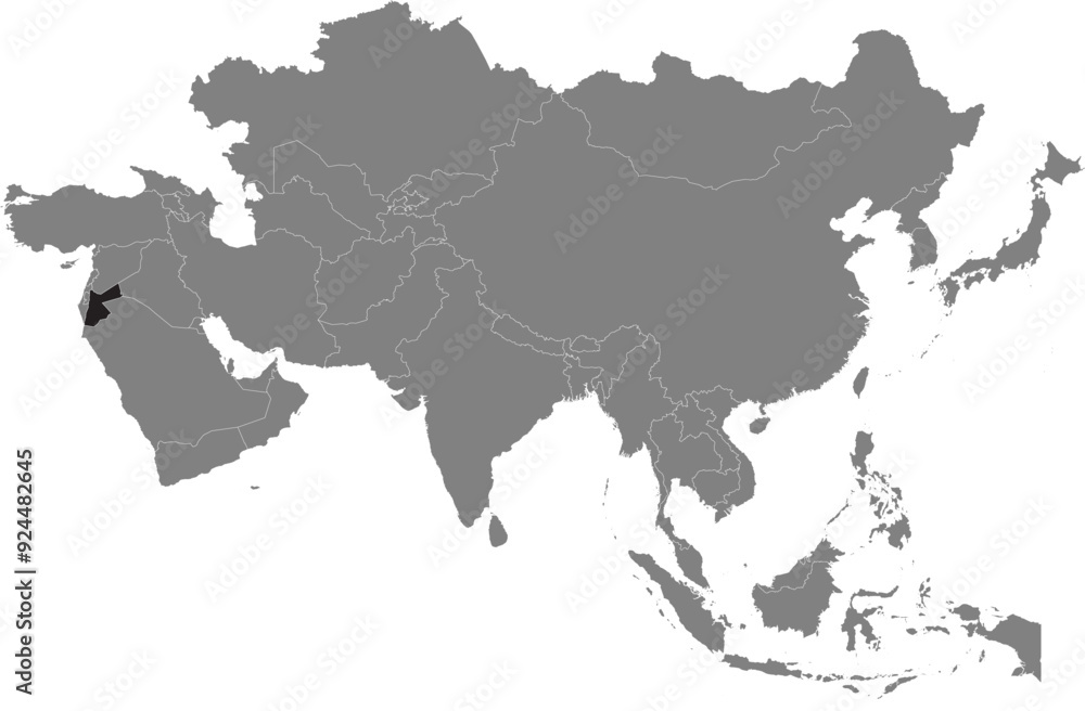 Highlighted map of JORDAN inside detailed blank flat political map of the Asian continent on isolated background Highlighted map of JORDAN inside detailed blank flat political map of the Asian continent on isolated background