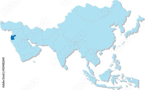 Highlighted map of JORDAN inside detailed blank flat political map of the Asian continent on isolated background