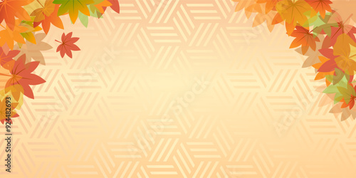 秋にぴったりな、赤や緑の紅葉したカエデの葉が重なる金色のベクターフレーム画像
