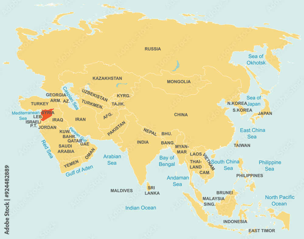 Naklejka premium Highlighted map of SYRIA inside detailed blank flat political map of the Asian continent on isolated background