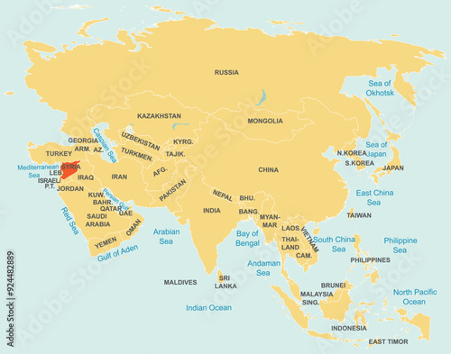 Highlighted map of SYRIA inside detailed blank flat political map of the Asian continent on isolated background
