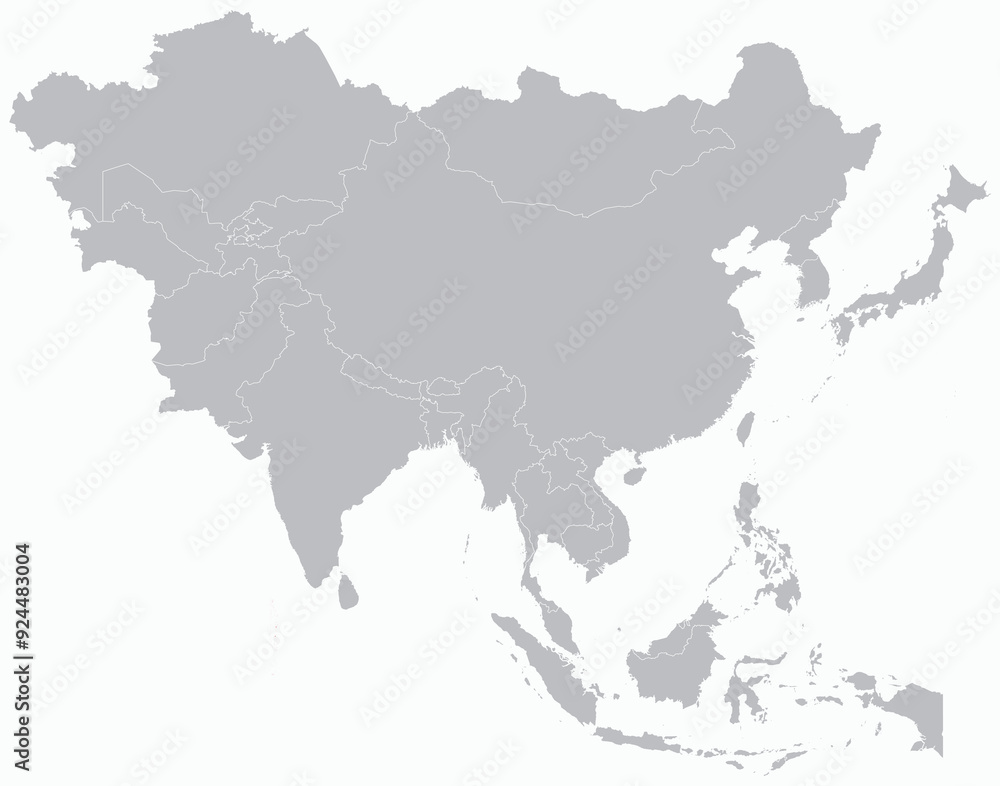 Highlighted map of MALDIVES inside detailed blank flat political map of the Asian continent on isolated background Highlighted map of MALDIVES inside detailed blank flat political map of the Asian continent on isolated background
