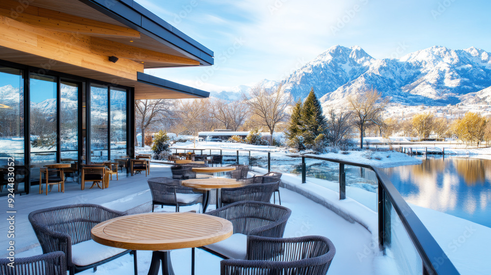 Fototapeta premium A house with outdoor seating areas by snowy mountain, nature architecture
