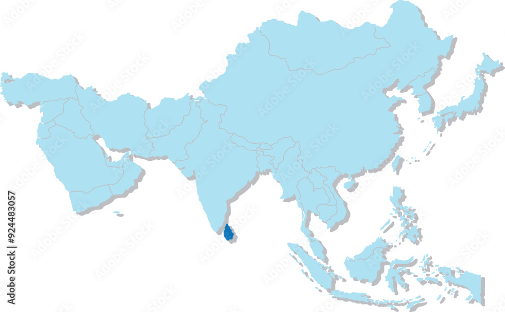Highlighted map of SRI LANKA inside detailed blank flat political map of the Asian continent on isolated background Highlighted map of SRI LANKA inside detailed blank flat political map of the Asian continent on isolated background