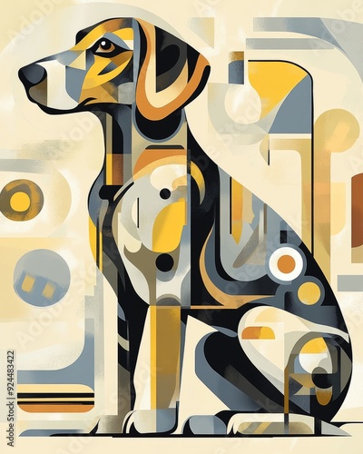 Abstract illustration of a dog sitting in a geometric design.