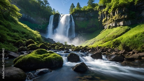A cascading waterfall spills over a rocky cliff