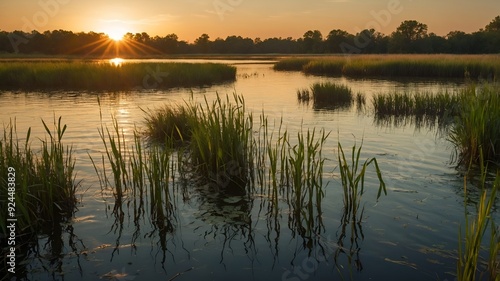 Sunset over a calm lake with tall grass growing along the shoreline.