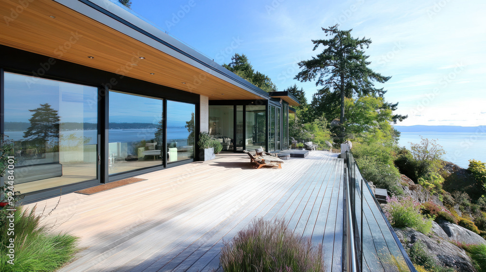 Obraz premium Modern cozy house with deck and stainless steel rails by seaside