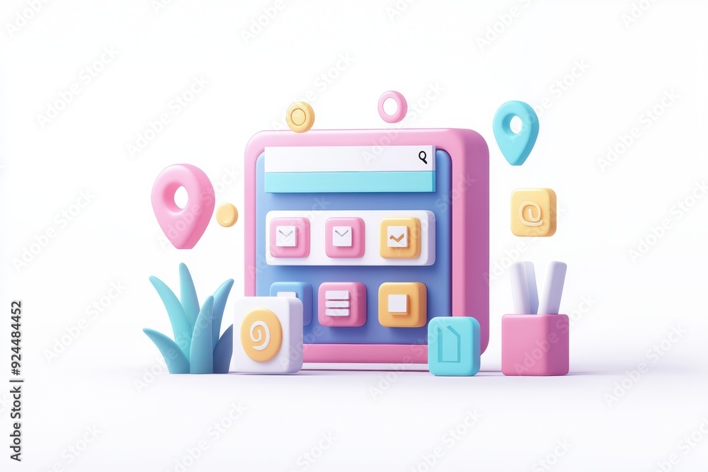 Colorful 3D illustration of a search interface with icons, buttons, and elements representing modern technology and design. Colorful 3D illustration of a search interface with icons, buttons, and elements representing modern technology and design.