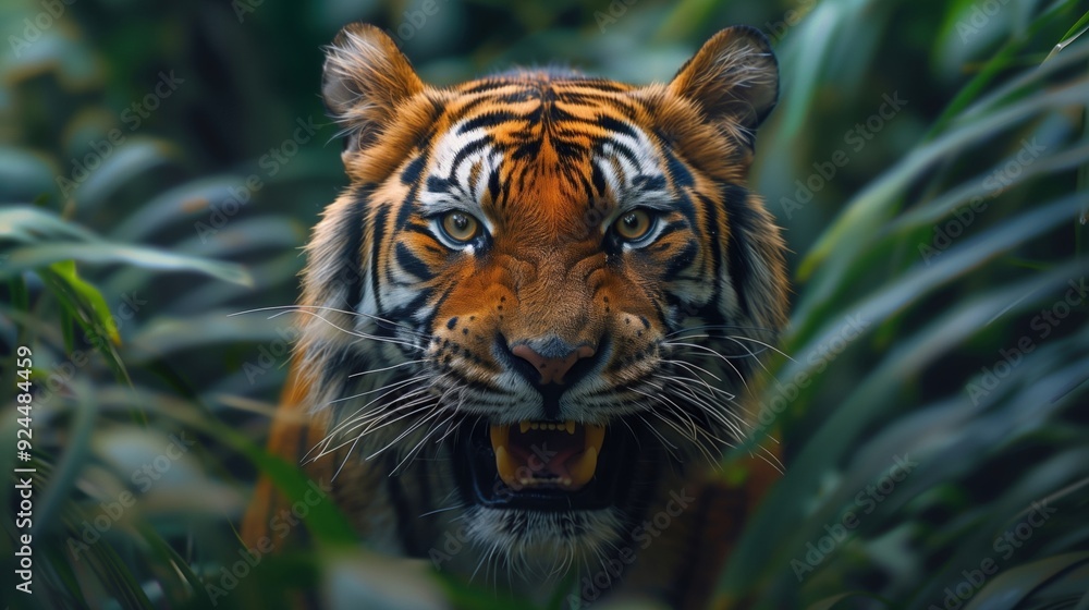 Powerful Tiger Roaring in Lush Jungle Forest Powerful Tiger Roaring in Lush Jungle Forest