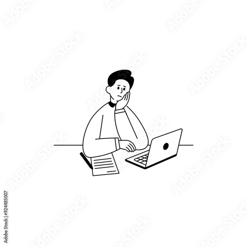 WFH Line Character 1 Man Working at Desk
