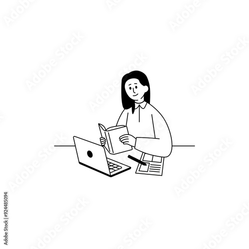 WFH Line Character 1 Woman Working at Desk