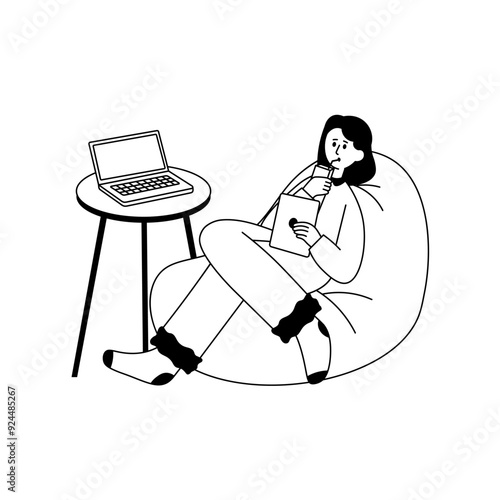 WFH Line Character 1 Woman Work While Relaxing