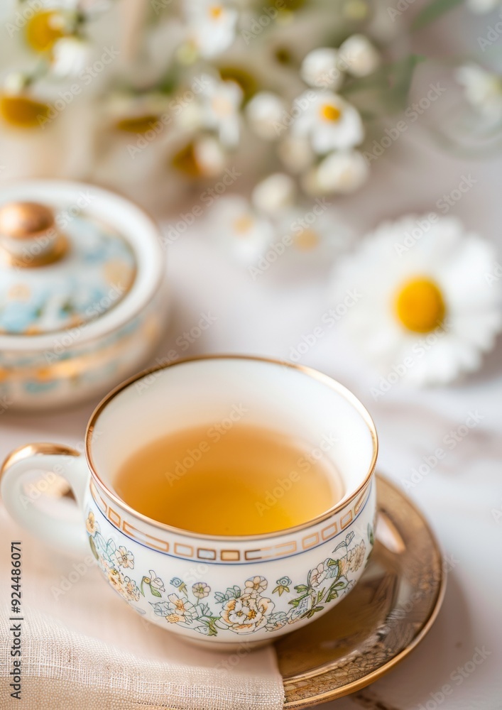 Morning Tea Party with Porcelain Teacup and Flowers on Wooden Table - Close-up Captures Serenity and Natural Beauty Morning Tea Party with Porcelain Teacup and Flowers on Wooden Table - Close-up Captures Serenity and Natural Beauty