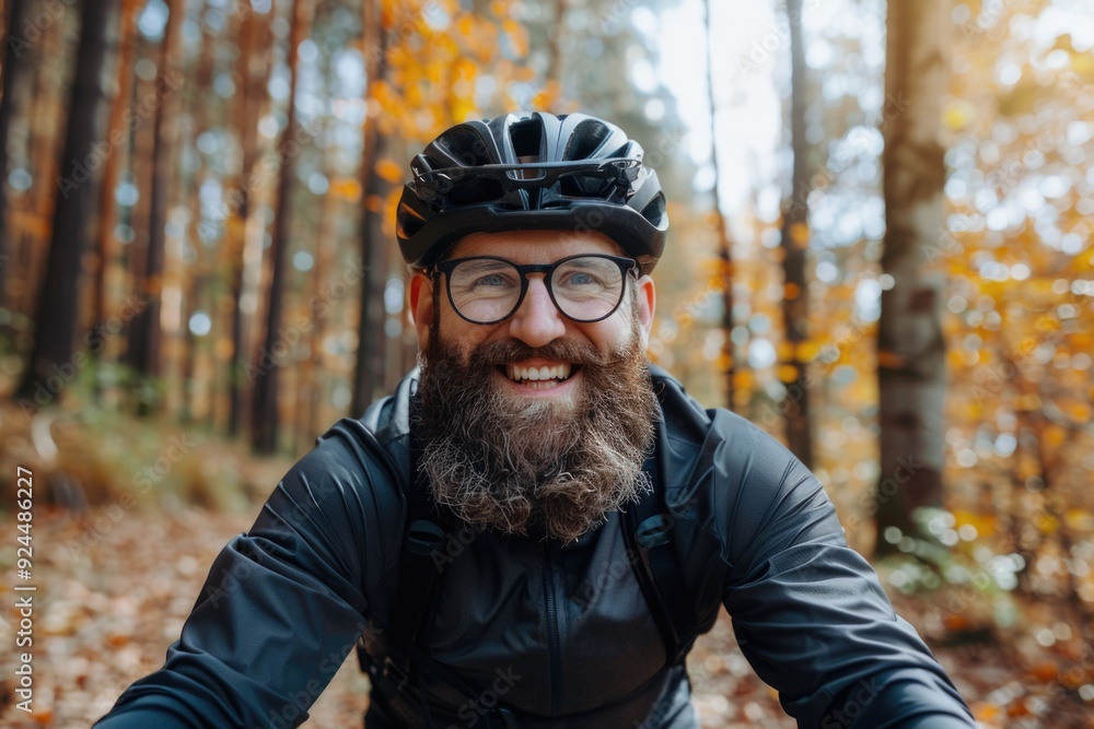 A man with a beard and glasses riding a bike, possibly commuting to work or school A man with a beard and glasses riding a bike, possibly commuting to work or school