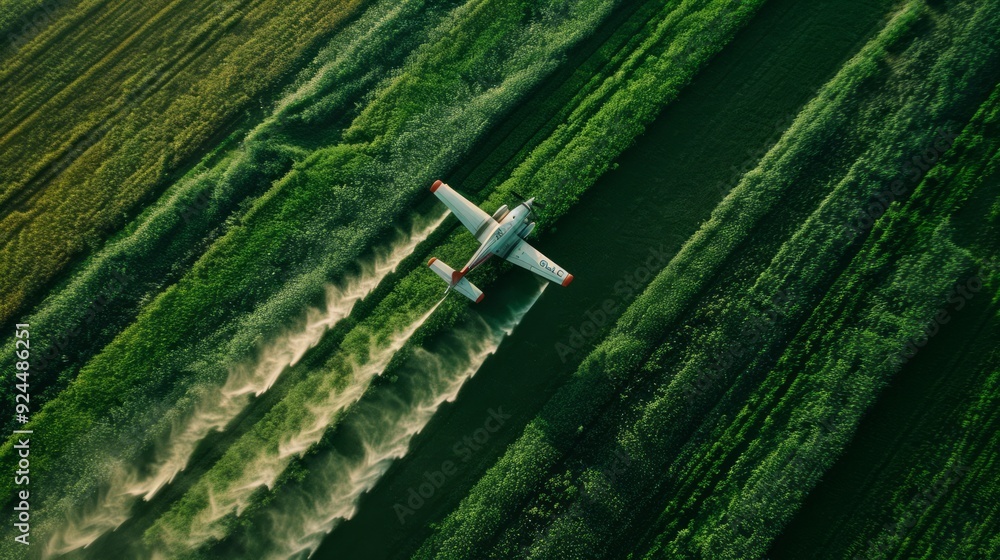 A crop duster plane is seen from above as it sprays pesticides on lush green fields in an agricultural setting