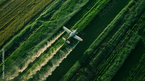 Obraz na płótnie A crop duster plane is seen from above as it sprays pesticides on lush green fields in an agricultural setting w salonie