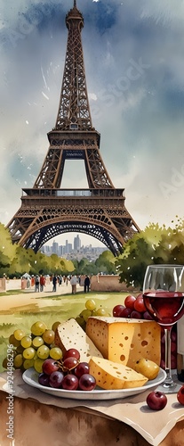 French wine and cheese picnic with a view of the eiffel tower in watercolor style photo