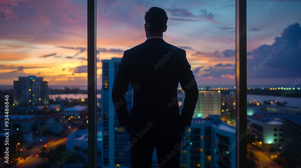 A businessman stands in a high-rise office, gazing out a large window at the city below, as the sun sets in the background A businessman stands in a high-rise office, gazing out a large window at the city below, as the sun sets in the background