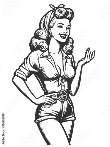 pin-up girl wearing a tied shirt and shorts, embodying a classic retro style sketch engraving generative ai fictional character vector illustration. Scratch board imitation. Black and white image.