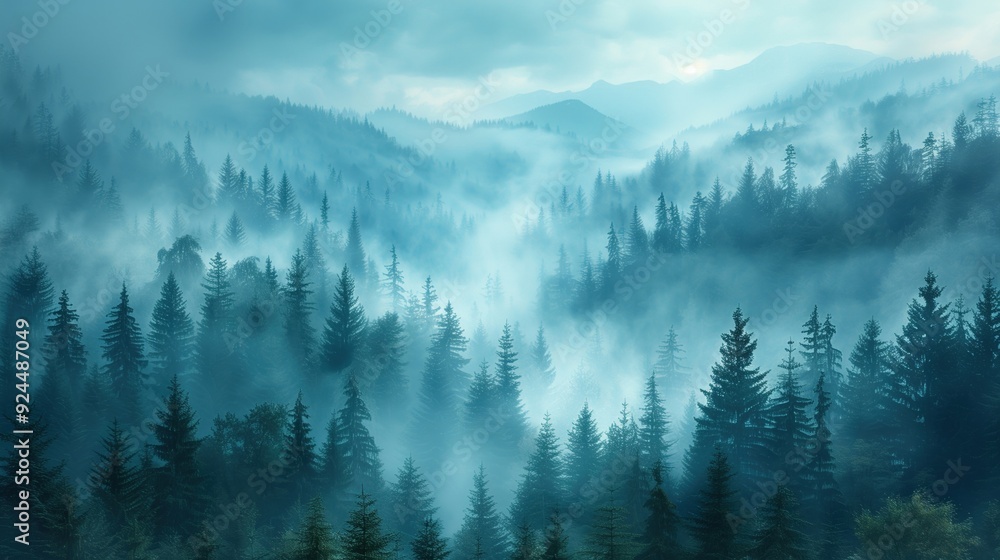 Mysterious Misty Mountain Forest Landscape with Ethereal Atmosphere Mysterious Misty Mountain Forest Landscape with Ethereal Atmosphere