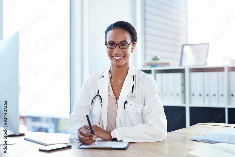 Doctor, portrait and writing in hospital for health, medical prescription or patient treatment plan. Black woman, wellness and documents for healthcare survey and medicine report with referral letter Doctor, portrait and writing in hospital for health, medical prescription or patient treatment plan. Black woman, wellness and documents for healthcare survey and medicine report with referral letter