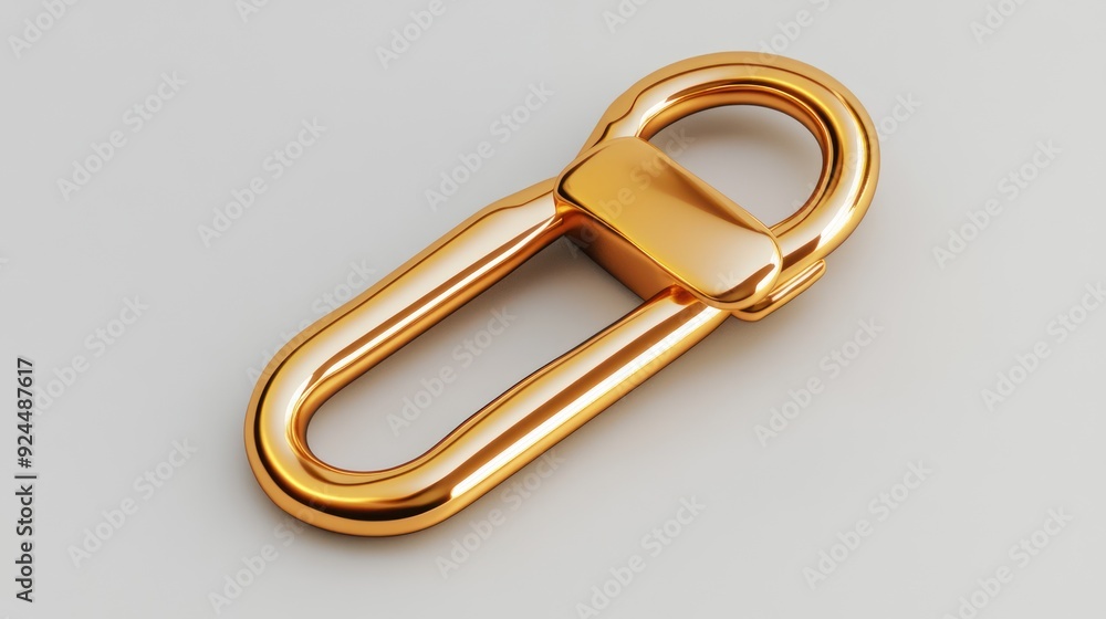 Close-up of Shiny Golden Carabiner on Light Surface with Elegant Reflection Close-up of Shiny Golden Carabiner on Light Surface with Elegant Reflection