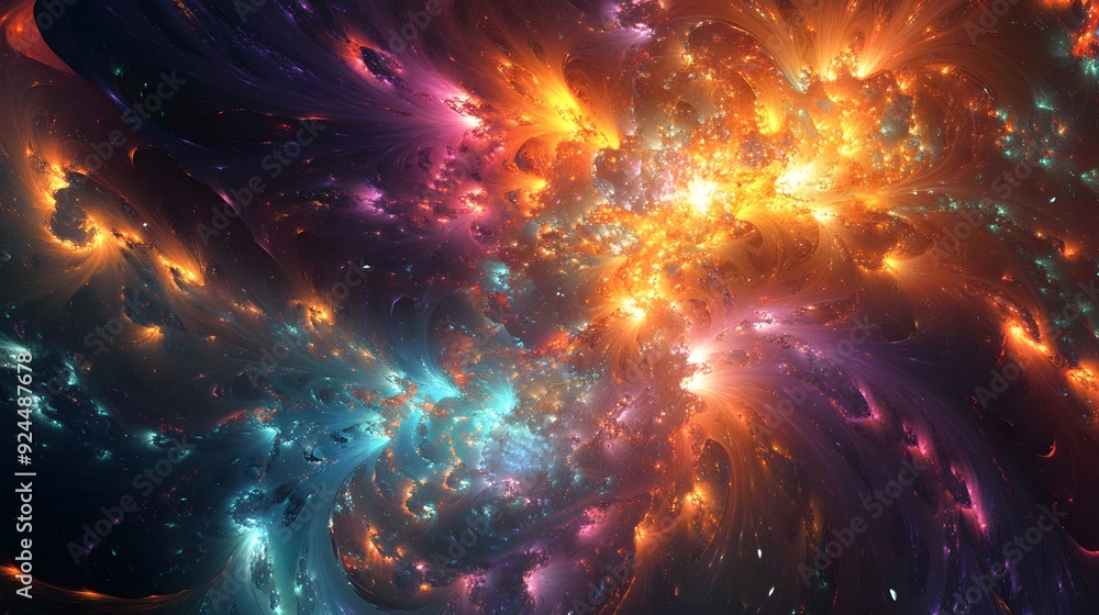 28. A vibrant explosion of fractal shapes and shifting colors, creating a sense of chaotic beauty 28. A vibrant explosion of fractal shapes and shifting colors, creating a sense of chaotic beauty