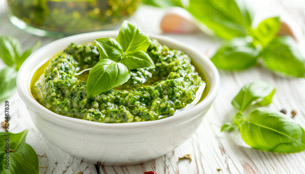 Pesto in a bowl on wooden white table Pesto in a bowl on wooden white table