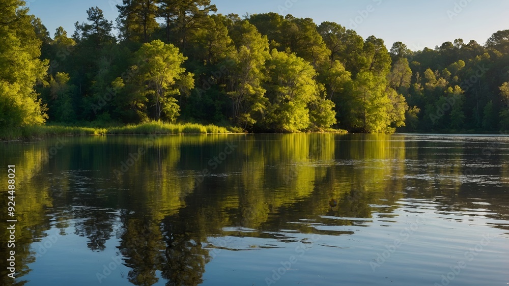 A serene lake with a forest reflecting on the water. A serene lake with a forest reflecting on the water.