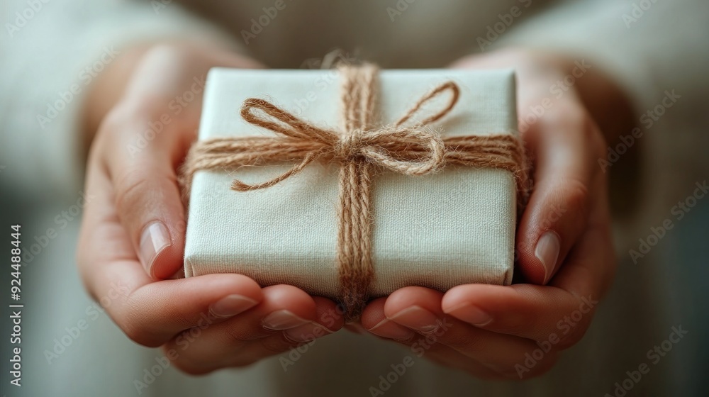 Hands offering a neatly wrapped gift with twine bow Hands offering a neatly wrapped gift with twine bow