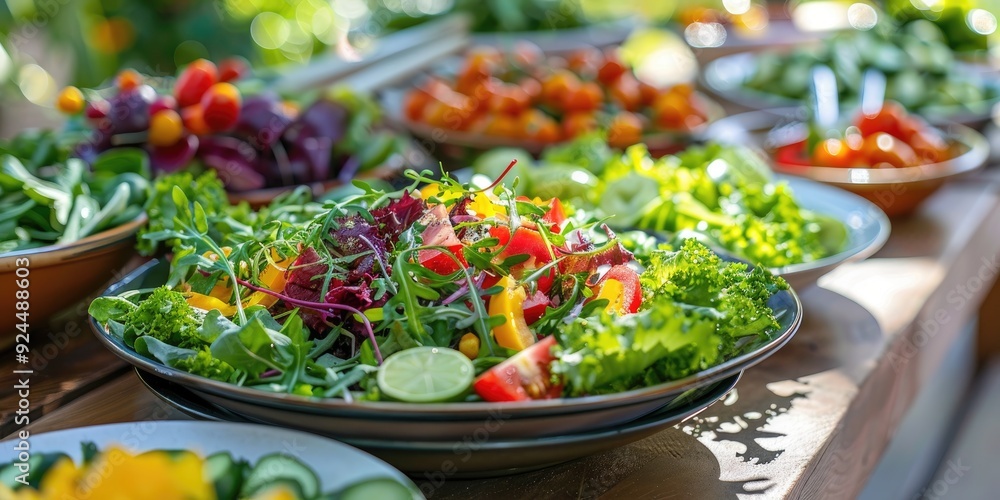 Fresh green salad with seasonal local vegetables and fruits at an outdoor market Fresh green salad with seasonal local vegetables and fruits at an outdoor market
