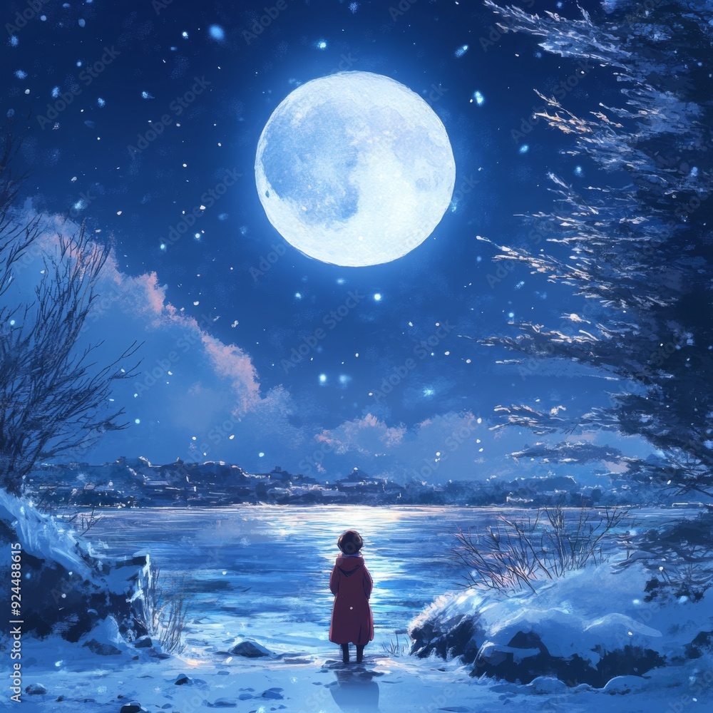 Lunar Longing on a Snowy Night: The Moon's Warm Embrace as a Beacon of Family Love for Wanderers in the Anime Style, storybook illustrations, comic strips, book illustrations and picture books Lunar Longing on a Snowy Night: The Moon's Warm Embrace as a Beacon of Family Love for Wanderers in the Anime Style, storybook illustrations, comic strips, book illustrations and picture books