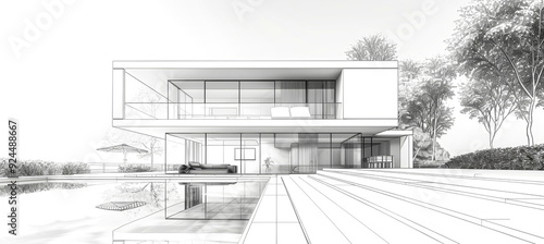 A black and white pencil sketch of a modern cottage with floor-to-ceiling windows overlooking a swimming pool and lush green trees