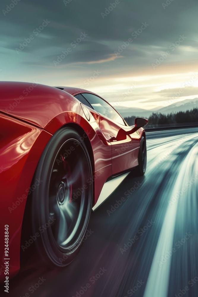 A red sports car is speeding down a road A red sports car is speeding down a road