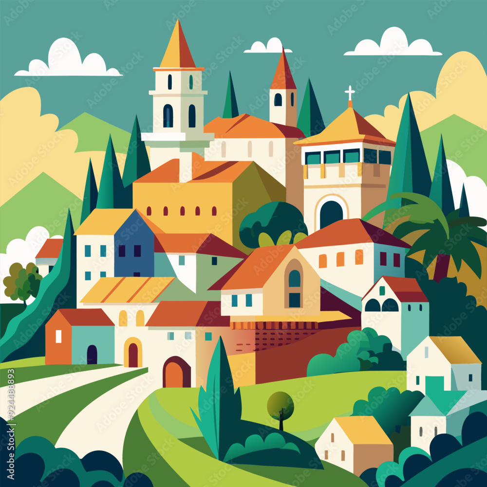 a colorful illustration of a town with a town in the background. a colorful illustration of a town with a town in the background.