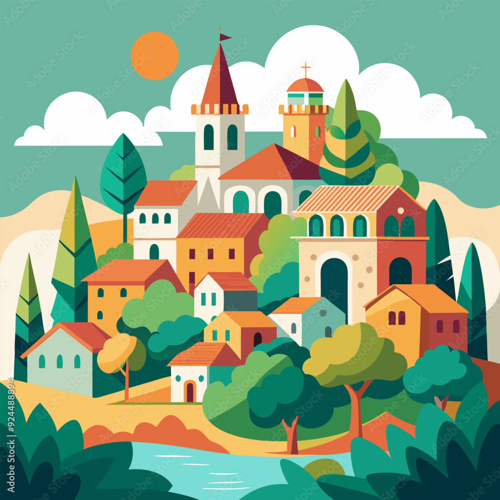 a picture of a town with a church and a river. a picture of a town with a church and a river.