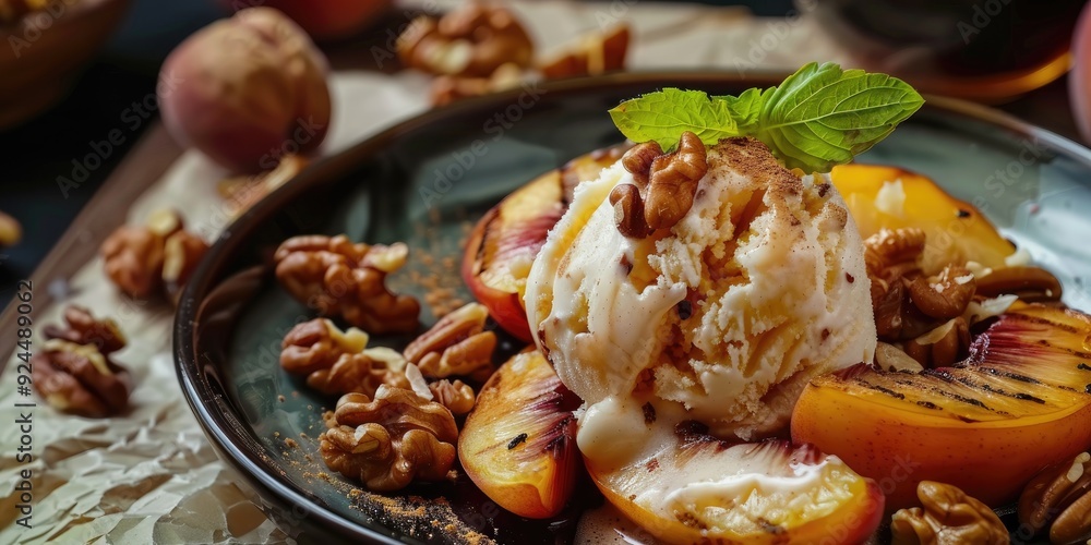 Grilled peaches served with vanilla ice cream and walnuts Grilled peaches served with vanilla ice cream and walnuts