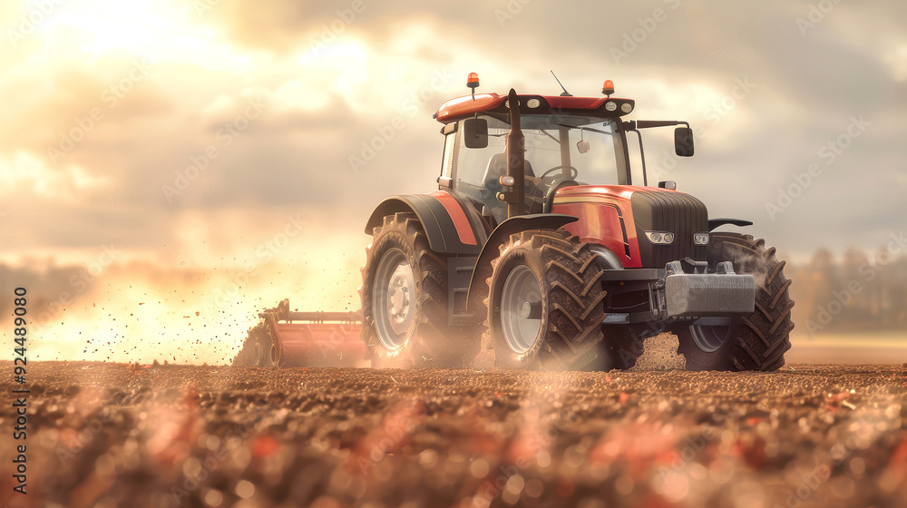 Fototapeta premium A modern tractor cultivates a dusty field, kicking up clouds as it works the soil against a backdrop of a stunning twilight sky