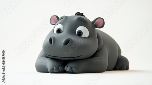 Cute Cartoon Hippo Laying on White Background Showing Happy and Peaceful Expression