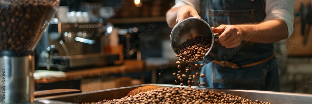 A scene of coffee beans being poured into a roasting machine by a barista in a cafe, emphasizing the roasting process and fresh coffee preparation.