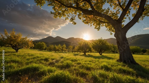Golden sunset over a grassy field with trees and mountains in the background.