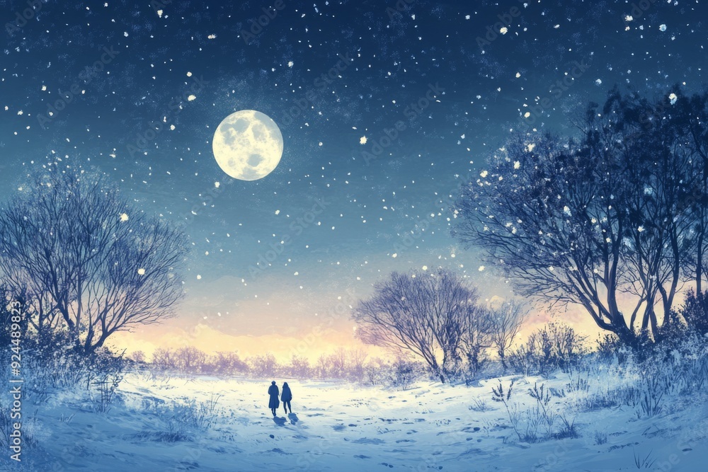 Lunar Longing on a Snowy Night: The Moon's Warm Embrace as a Beacon of Family Love for Wanderers in the Anime Style, storybook illustrations, comic strips, book illustrations and picture books Lunar Longing on a Snowy Night: The Moon's Warm Embrace as a Beacon of Family Love for Wanderers in the Anime Style, storybook illustrations, comic strips, book illustrations and picture books