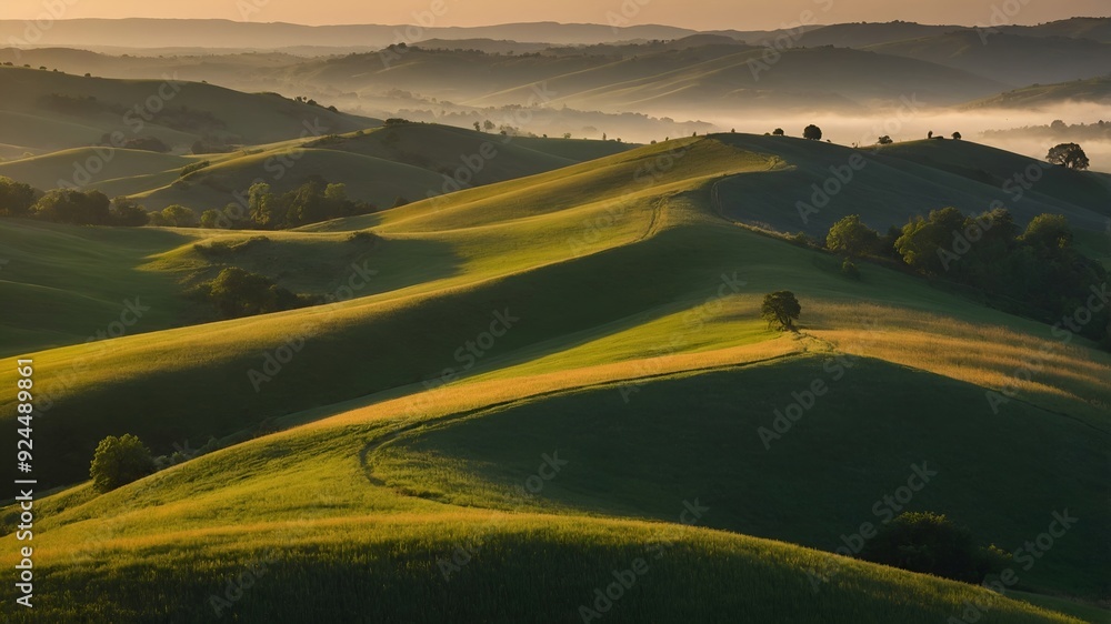 Fototapeta premium Golden hour light illuminates rolling green hills and valleys, with a solitary tree on a hillside.